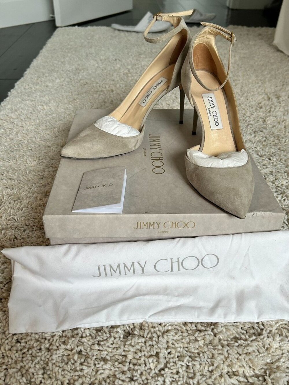 Jimmy Choo Gray Suede Ankle Strap Stilettos Excellent Condition